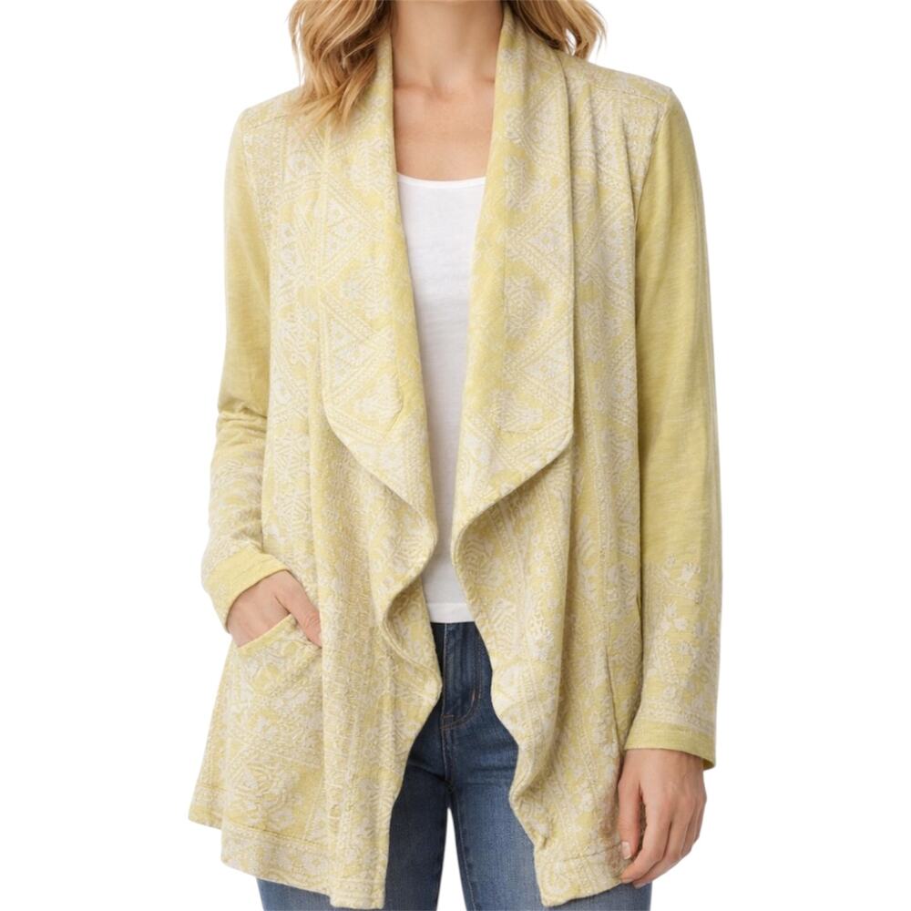 Sundance Embroidered Waterfall Cardigan Sweater Pockets Yellow White XS